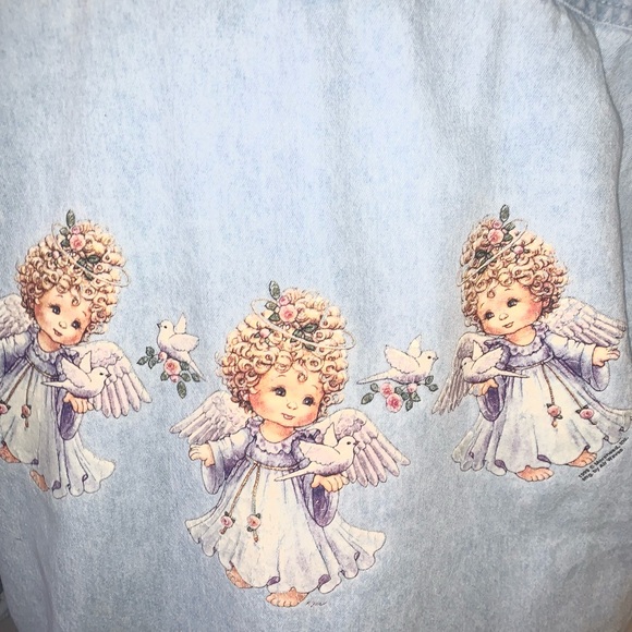 90s Light Blue Denim Shirt with Angel and dove patches long sleeve button down S - Picture 8 of 12